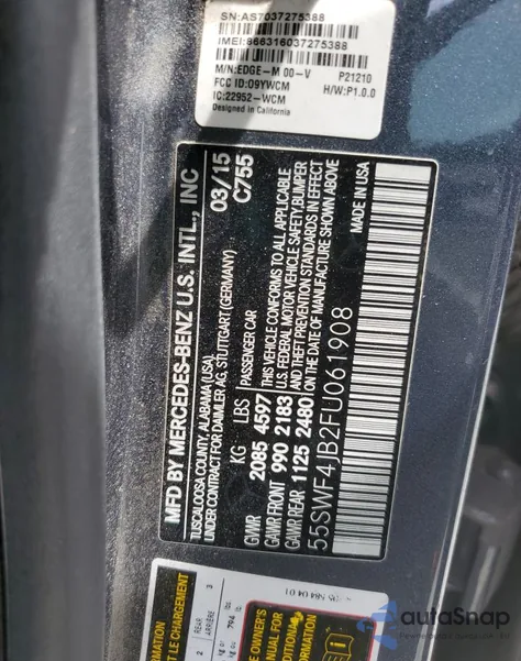 2015 Mercedes-Benz C 300 из США, поврежденный, VIN 55SWF4JB2FU061908